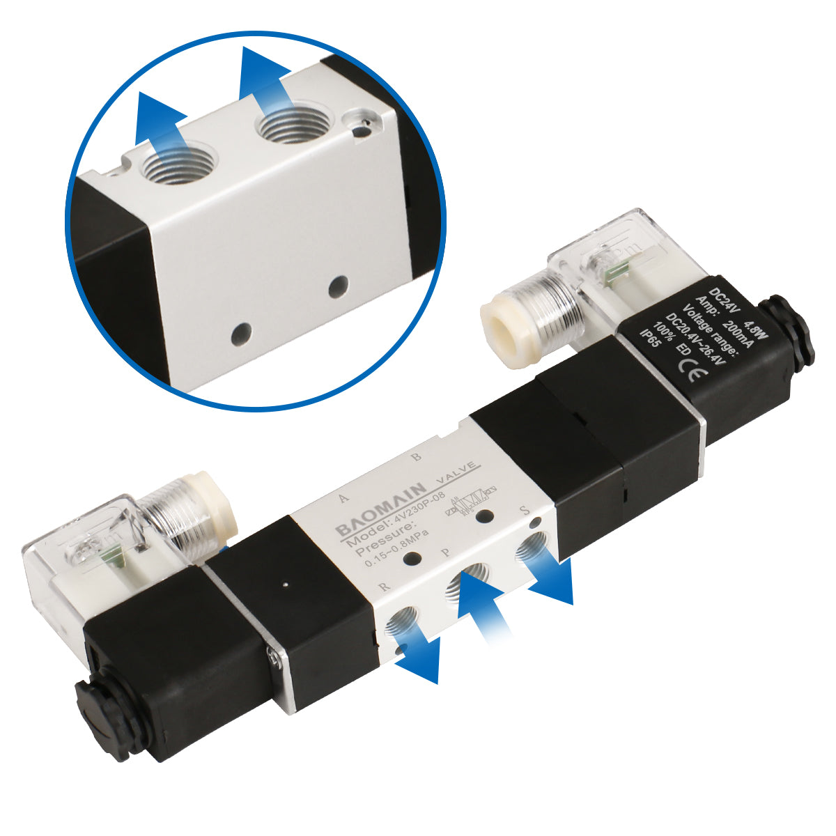 Baomain Pneumatic Solenoid Air Valve 5 Way 3 Position PT1/4" Internally Piloted Acting Type Double Electrical Control Midst Pressure 4V230P-08 (DC 24V)