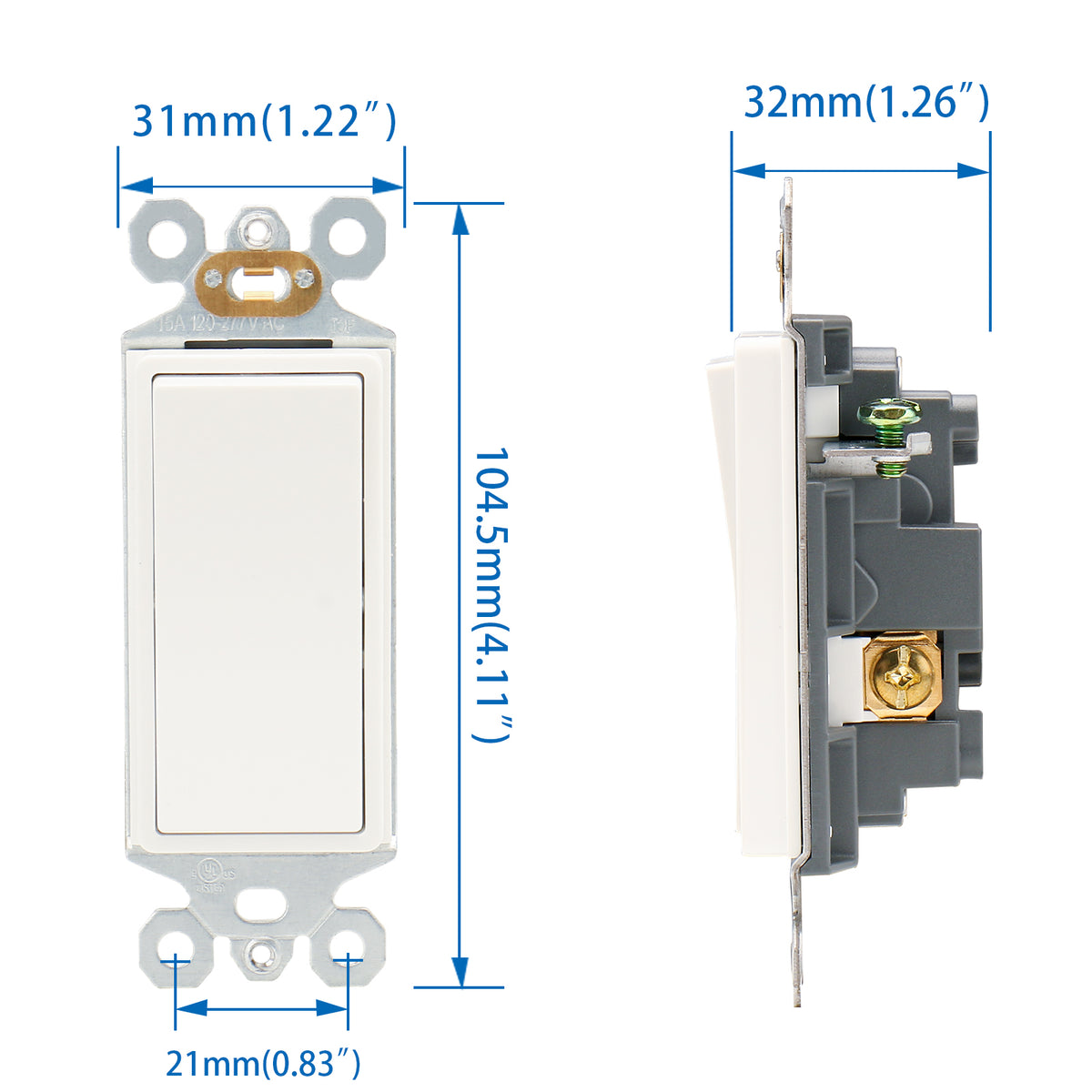 Wengart Duplex Rocker Combination Switch – 120V 15A, 2 Individual Switches, Ground Terminal, UL Listed, Wall Plate Included