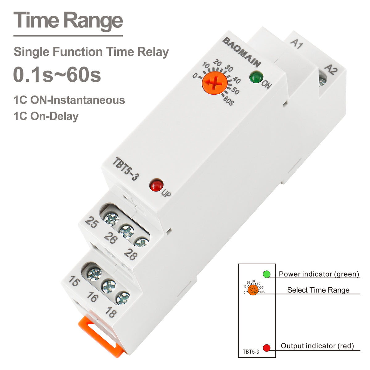 Single-Function Time Relay, 5A AC/DC24V-240V, 2C ON-Delay SPDT – BAOMAIN