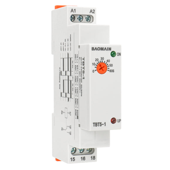 Baomain Single-Function Time Relay, 5A AC/DC24V-240V, 1NO 1NC 1 SPDT, DIN Rail Mounting Timer Relay TBT5-1/ TBT5-2/ TBT5-3