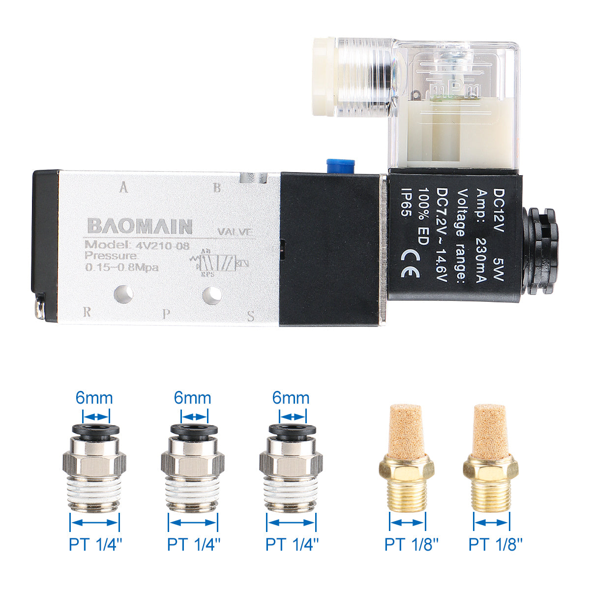 Baomain Pneumatic Solenoid Valve with 3 Fitting and 2 Mufflers 4V21008