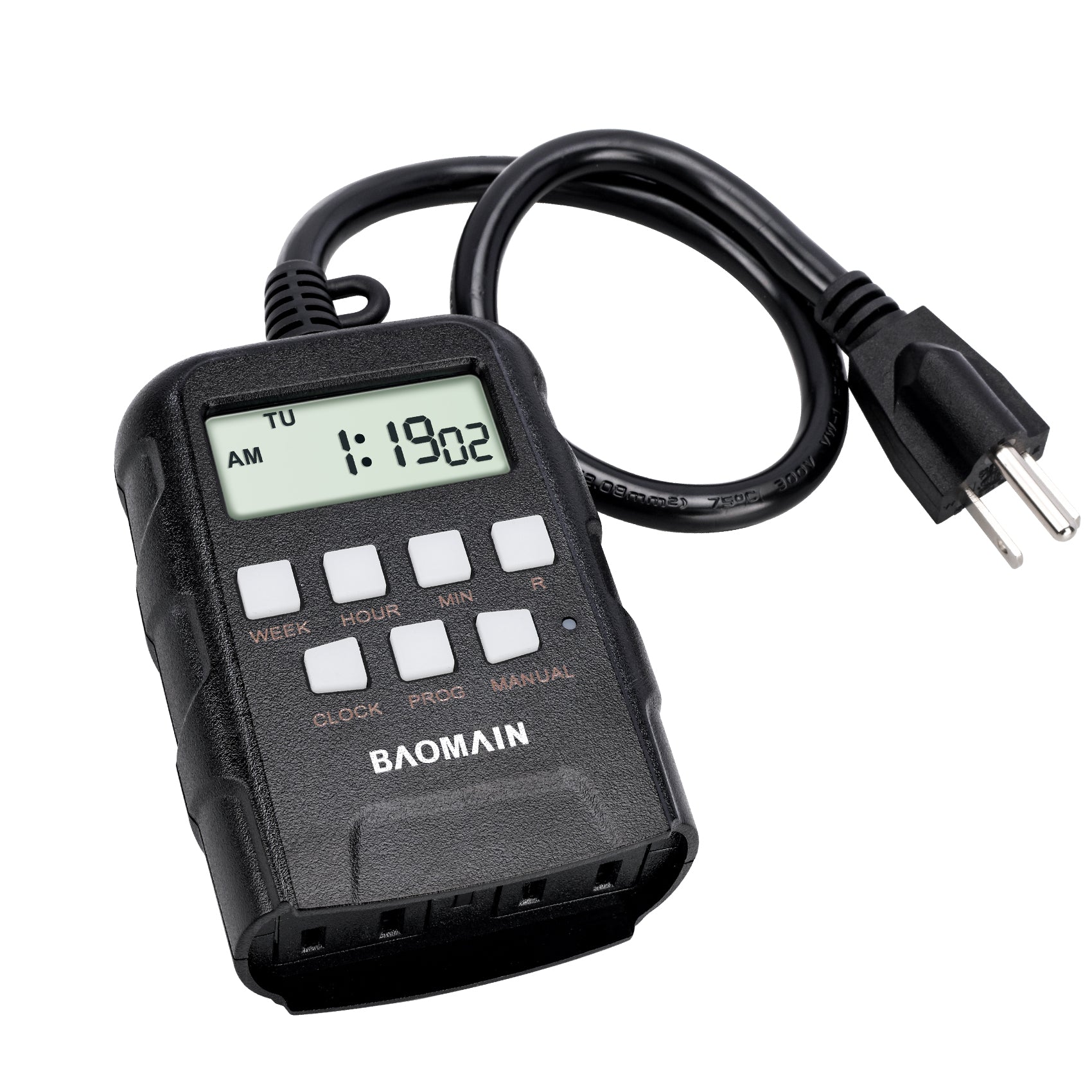 Baomain Wöchentlicher digitaler Timer, 8 NO/Off 15A 125VAC, 7 Tage programmierbarer Timer für den Außenbereich mit 2 Steckdosen, ETL-gelistet, BNE-60/U191 Schwarz