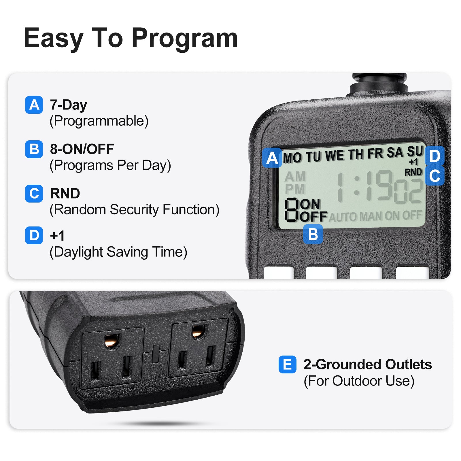 Baomain Wöchentlicher digitaler Timer, 8 NO/Off 15A 125VAC, 7 Tage programmierbarer Timer für den Außenbereich mit 2 Steckdosen, ETL-gelistet, BNE-60/U191 Schwarz