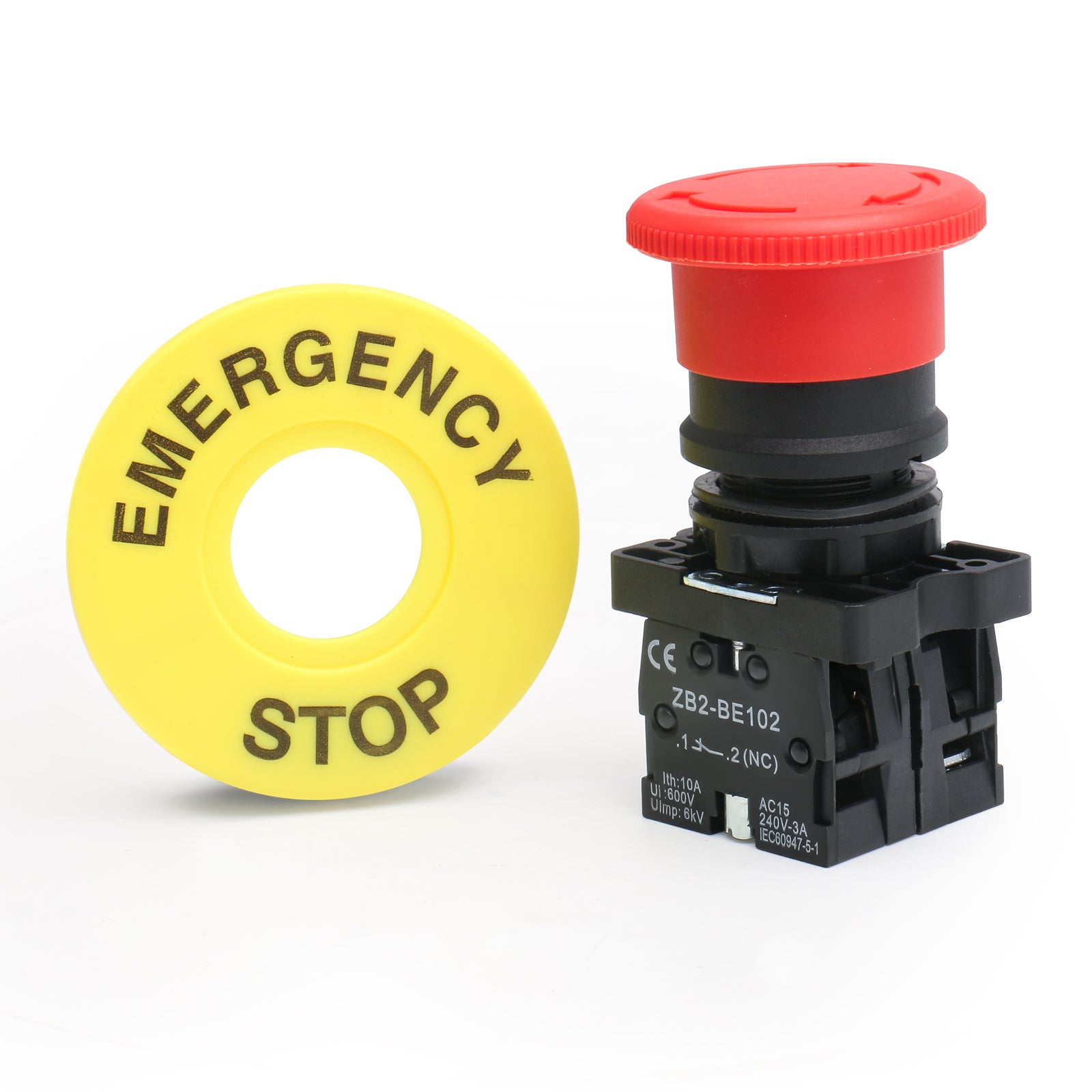 Baomain 22mm Push Button Switch, ZB2-BE102, 2NC N/C Red Mushroom Emergency Stop, 600V 10A