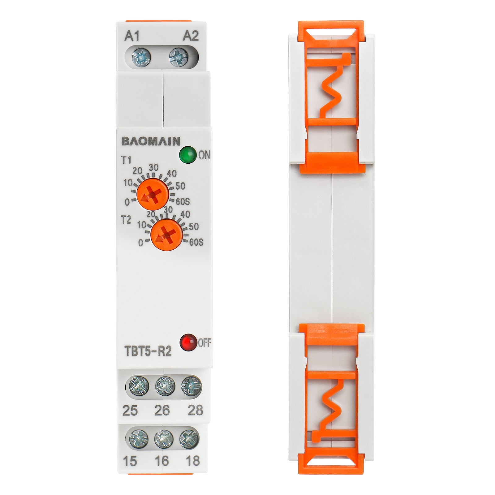 Baomain Asymmetric Cycler Time Relay, 5A 24V-240VAC/DC SPDT, Repeat Cycle Time Relay, On-Delay for Industrial Equipment, Lighting Control, Heating Control TBT5-R2