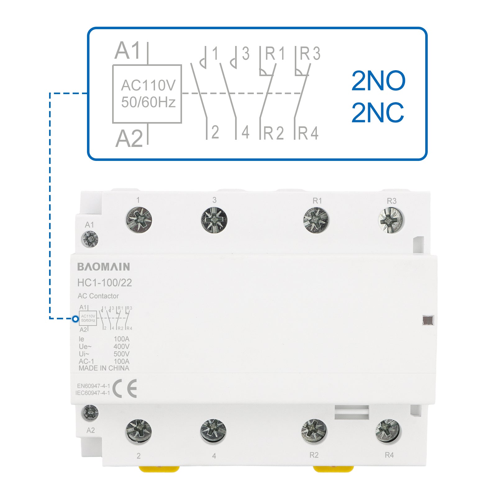 Baomain Household AC Contactor HC1-100 4 Pole 50Hz DIN Rail Mount