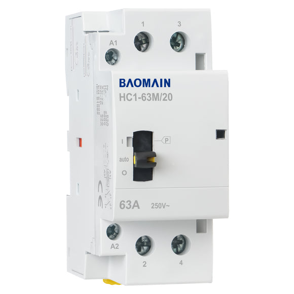 Baomain Manual Household AC Contactor HC1-63M 24V/110V/220VAC 63A 2 Pole 50/60Hz Modular Contactor Circuit Control 35mm DIN Rail