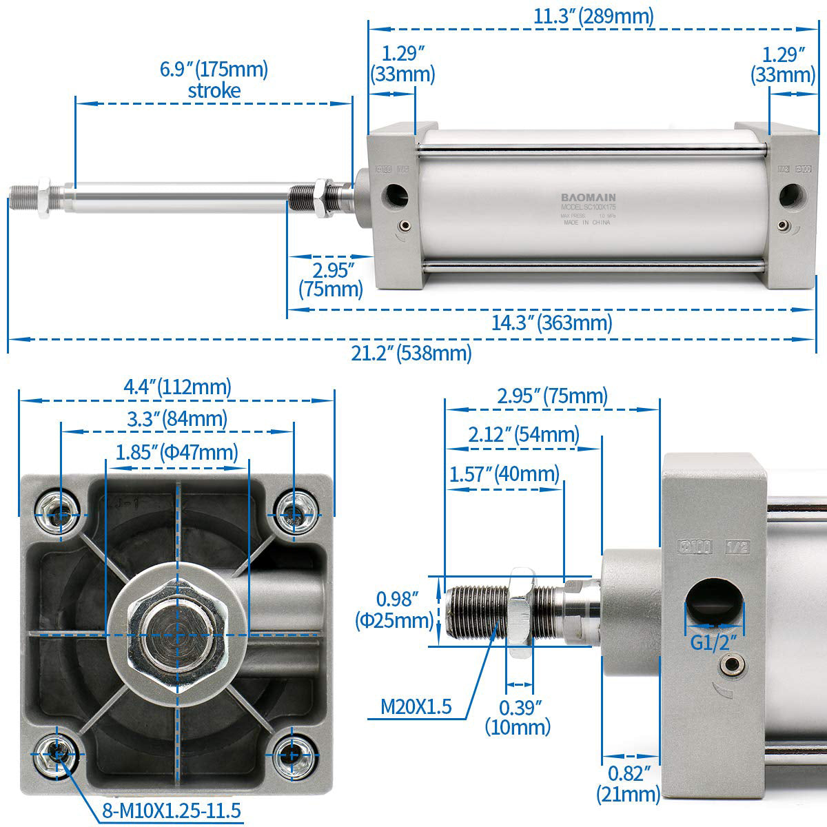 Pneumatic Air Cylinder SC 100 Bore: 4" Series  Port Size: PT1/2 Screwed Piston Rod Dual Action - BAOMAIN