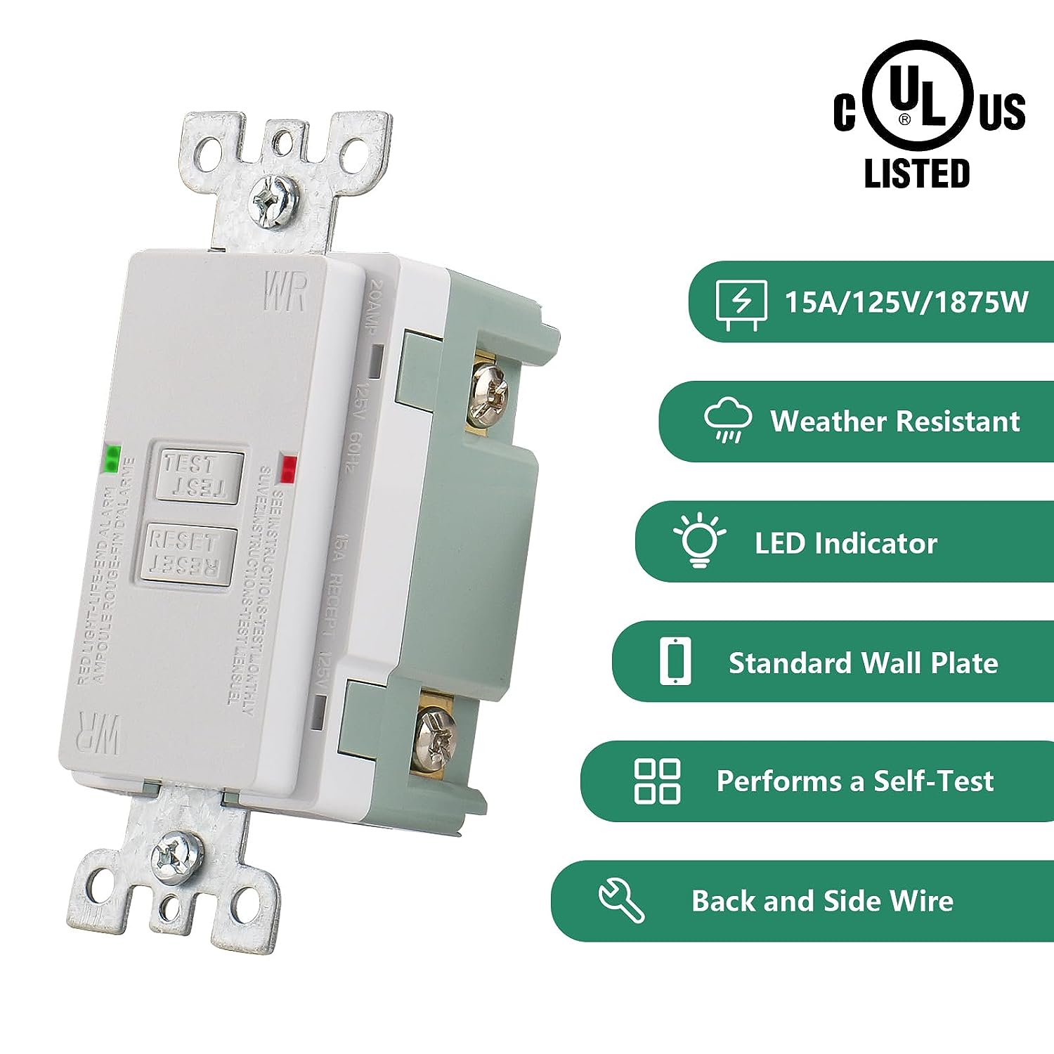 Baomain 20 Amp Blank Face GFCI mit Wandplatte, 20 A 125 V AC 60 Hz WR, wetterfeste Innensteckdose mit Selbsttest und LED-Anzeige, UL- und CUL-gelistet, weiß (10 Stück)