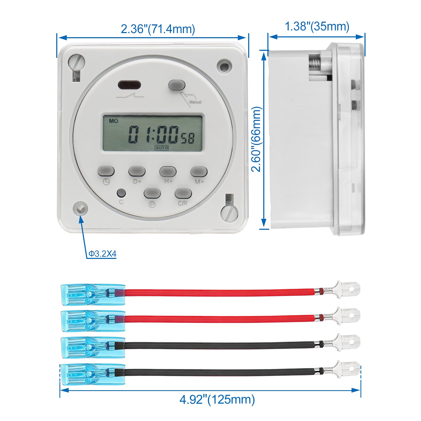 Baomain Time Switch Relay with 4 x Terminal Cable & Waterproof Cover, Digital LCD Programmable Timer,12V/24V/110V/220V AC Input,200-250V 16A Output,28 Programs Daily/Weekly Schedule, CN101A for Lighting and Equipment Control
