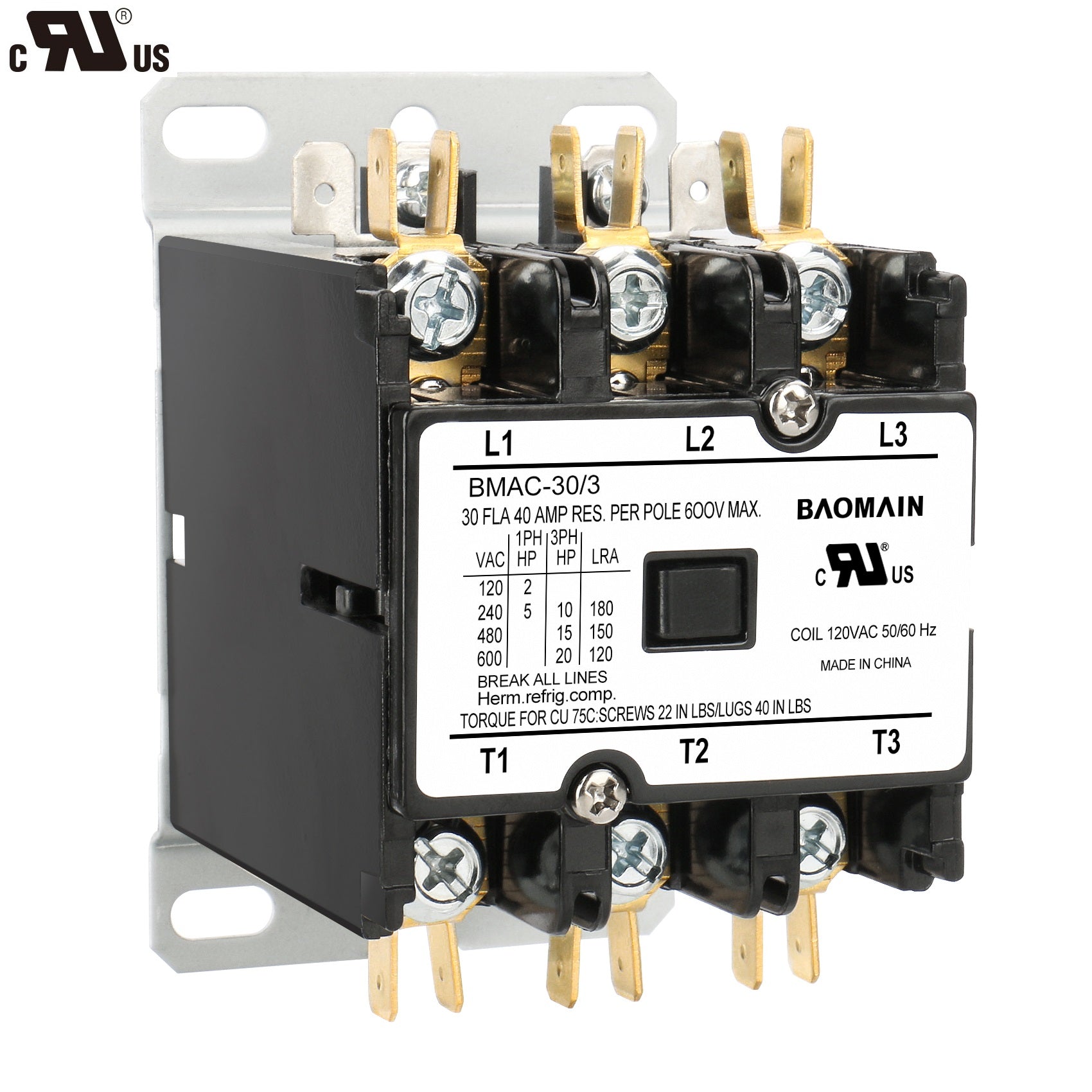 Baomain HVAC AC-Schütz, BMAC-30/3 AC 120 V Spule 30 A 3-poliger Hochleistungs-Kondensatorkompressor-Schütz für Klimaanlagen, Ersatz für HVAC-Schütze 