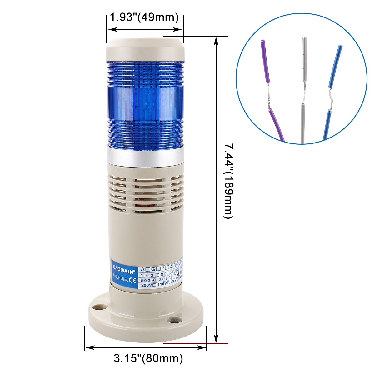 Baomain 12V/24V/110V/220V Alarm Warning Industrial Buzzer Continuous Blue LED Signal Tower Light LTP-502TJ