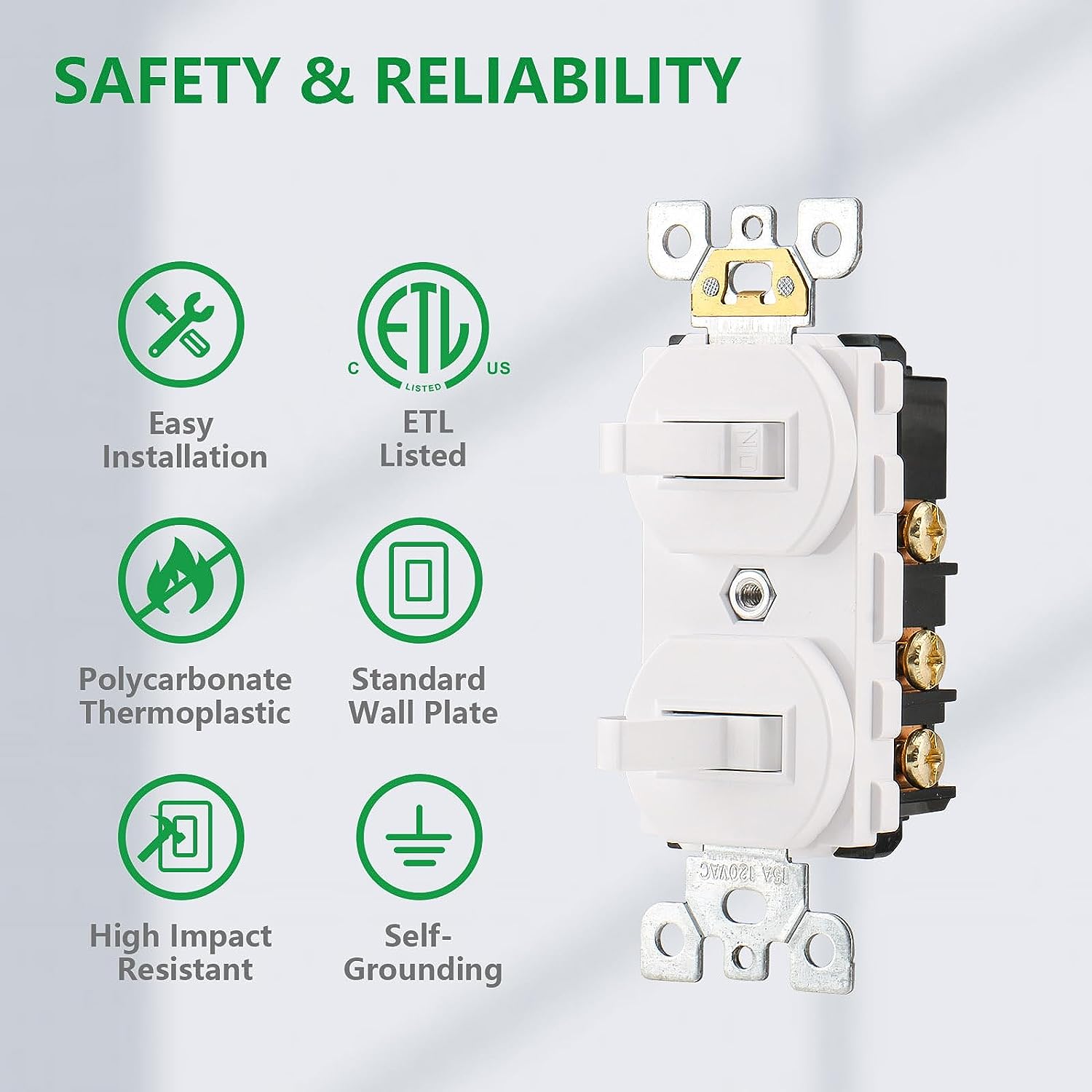 Double Toggle Light Switch,15Amp 120Volt,Residential Grade Electrical Wall Switch,Great for Home, Office & Kitchen, ETL Listed, White