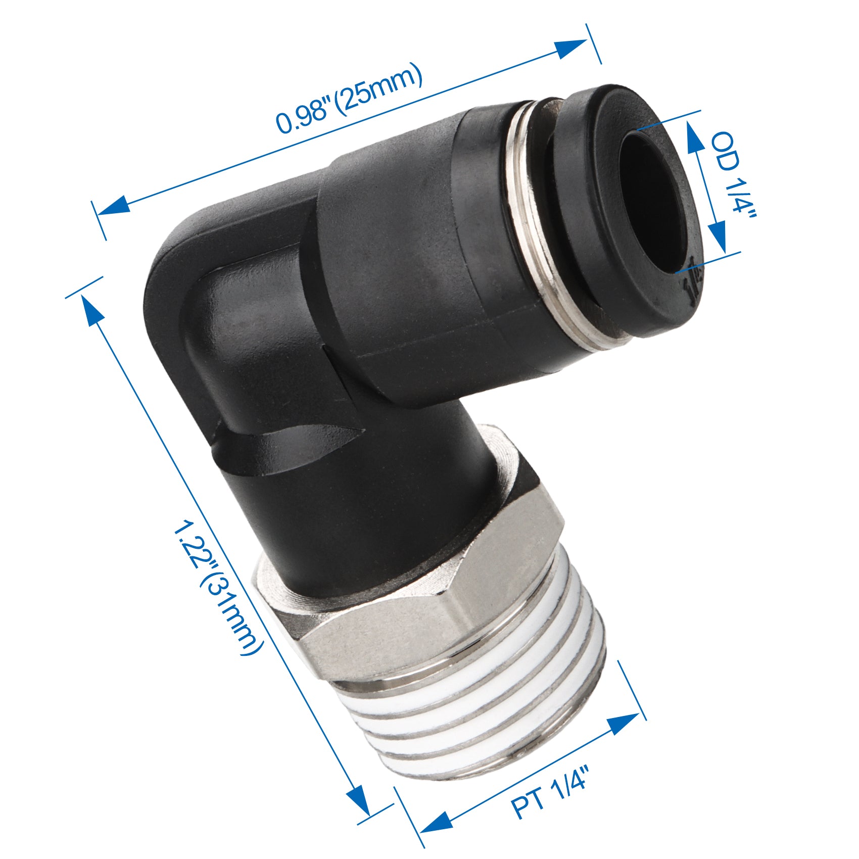 Baomain 10er-Pack pneumatische ¼-Zoll-PT-Verschraubungen, 90-Grad-Winkelverschraubungen für Magnetventil 3V210-08-Schläuche, Kunststoff-Luftverschraubungen zum Anschließen, pneumatische Rohrverschraubungen, Schnellkupplungen für Luftleitungen