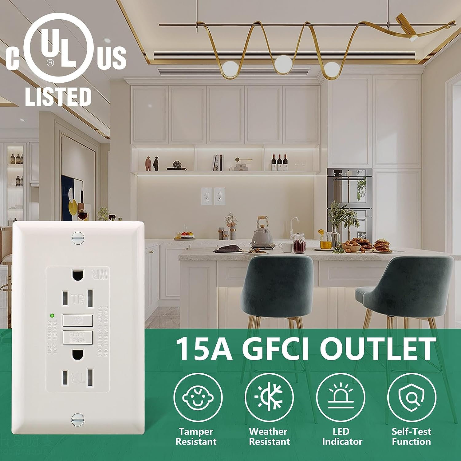 Baomain GFCI Outlet 15Amp AC125V 60Hz,Automatic Trigger Function