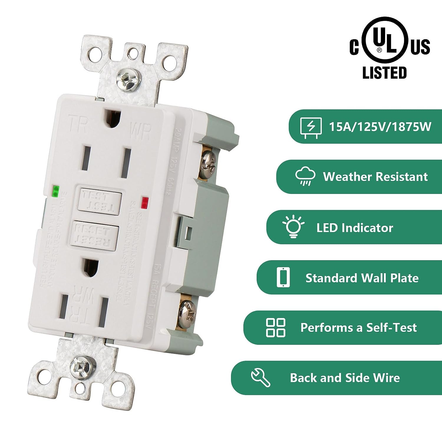 BAOMAIN GFCI-Steckdose, 15 Ampere, 120 Volt, UL- und CUL-gelistet, Selbsttestfunktion mit LED-Anzeige, wetterbeständige und manipulationssichere Steckdose, weiß