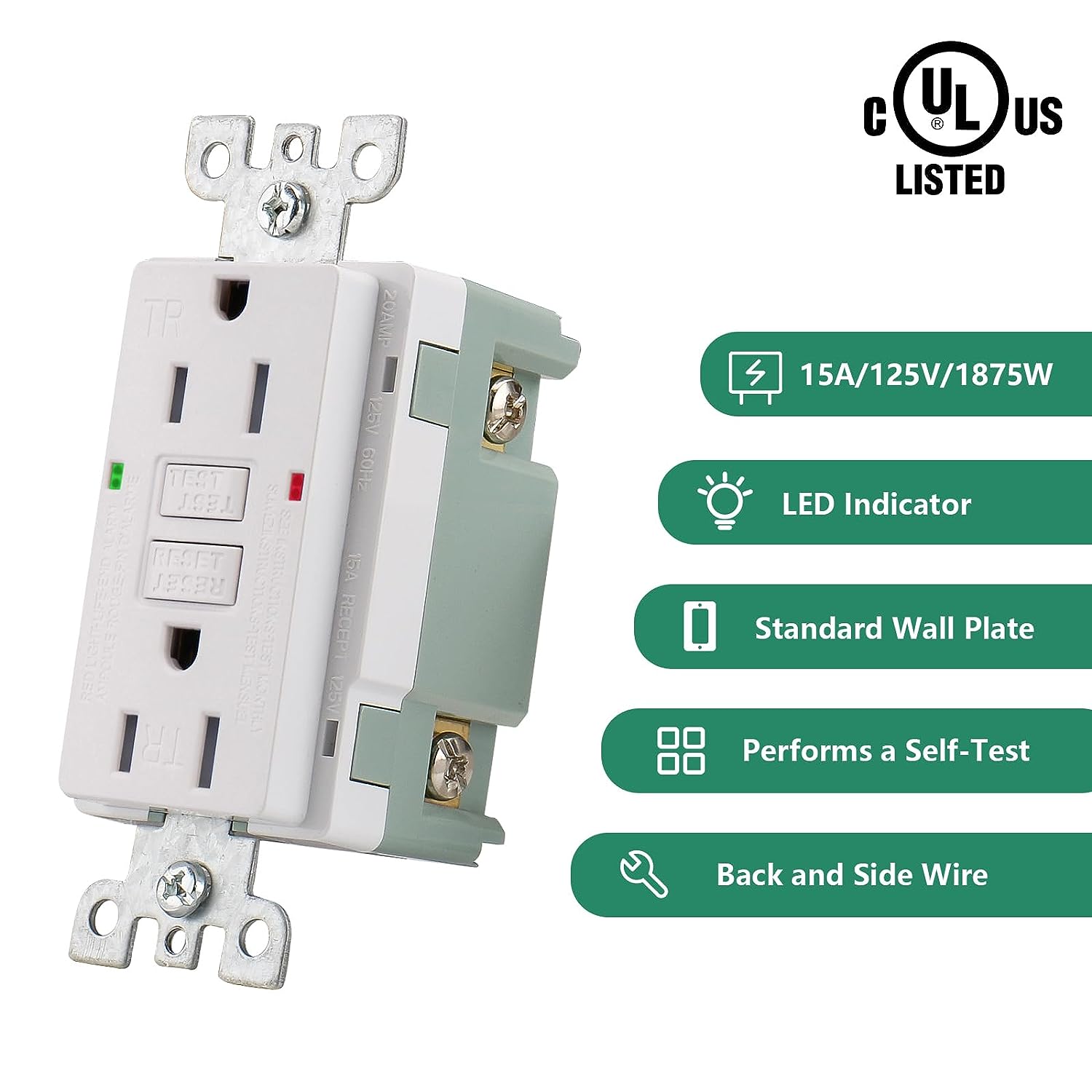 BAOMAIN GFCI-Steckdose 15 Ampere AC 125 V 60 Hz, automatische Auslösefunktion, manipulationssichere GFCI-Steckdose mit LED-Anzeige, Wandplatten und Schrauben enthalten, UL-gelistet, weiß