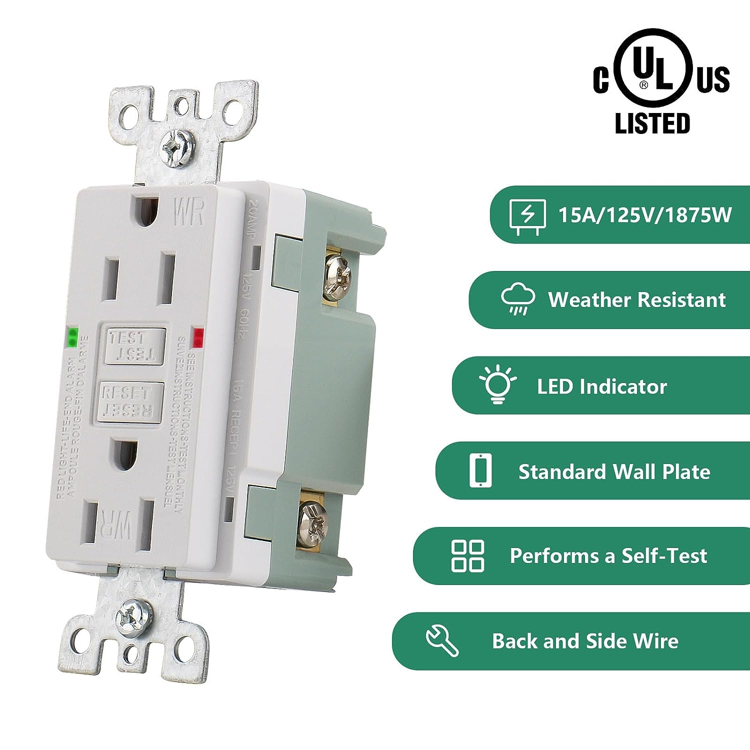 BAOMAIN Self-Test GFCI Outlet,15Amp,Weather-Resistant Receptacle Indoor or Outdoor Use,UL Listed,LED Indicator,White