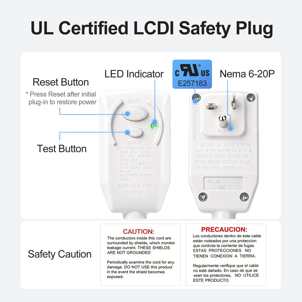 Baomain LCDI Power Cord 240V 20A, 7.5FT NEMA 6-20P – UL Certified A/C ...