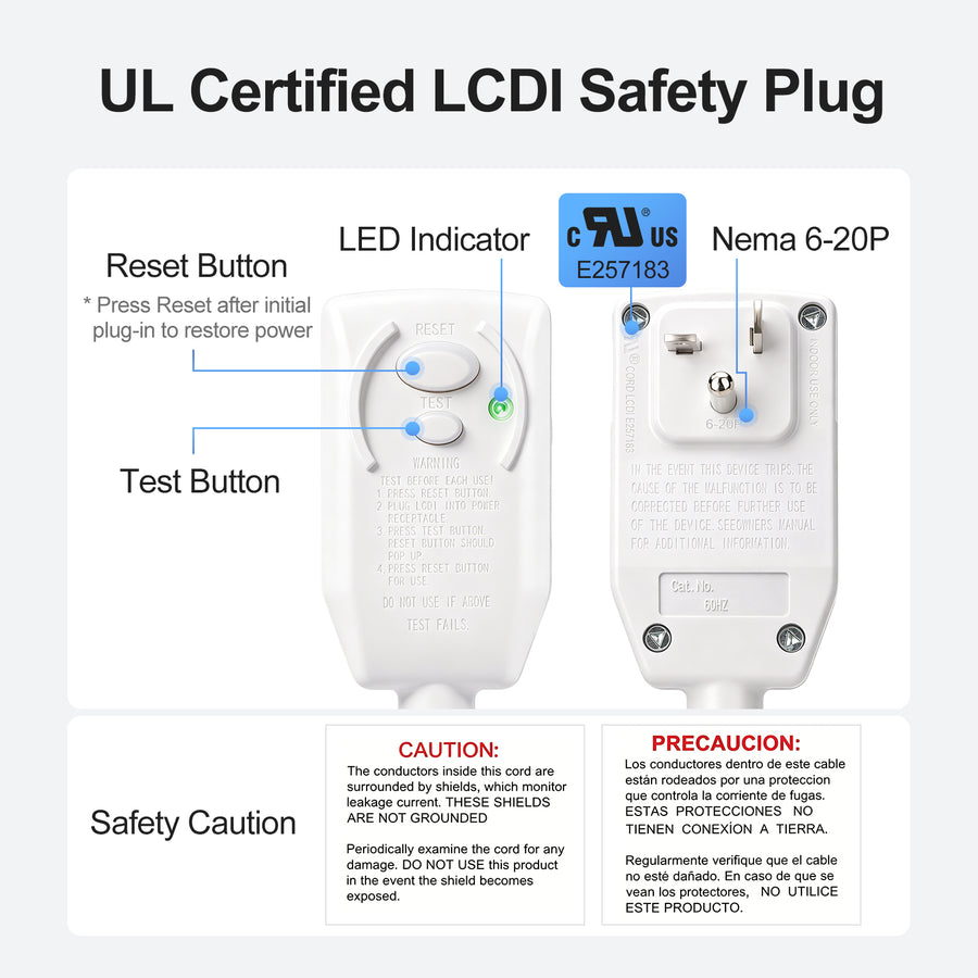 Baomain LCDI Power Cord 240V 20A, 7.5FT NEMA 6-20P – UL Certified A/C ...