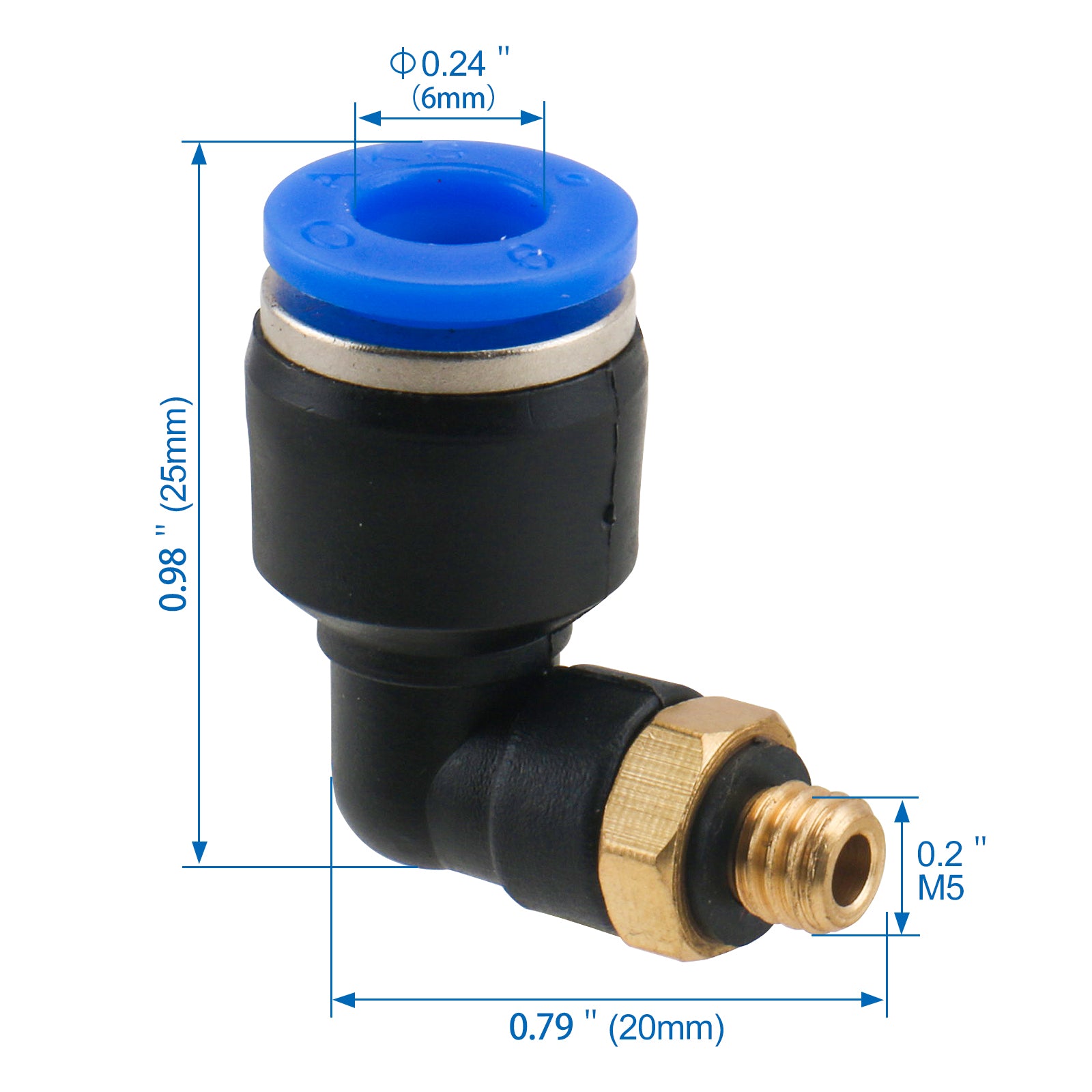 Baomain Quick Connectors PL6-M5 Male Elbow 6mm Tube OD x M5 Thread 90° Push to Connect Fittings