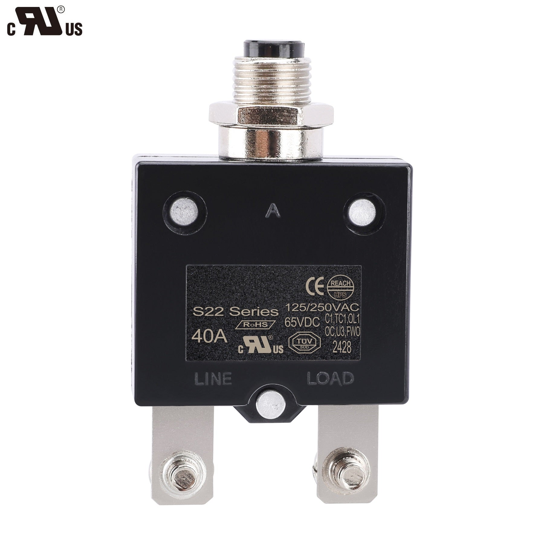 Baomain Circuit Breaker Thermal Overload Protector, S22 Series 125/250VAC/65VDC Screw Terminal, 40A/45A/50A Manual Reset Thermal Circuit Breakers Black UL CE Listed