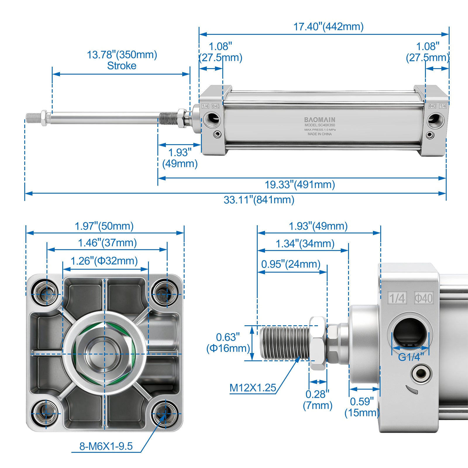 Baomain Pneumatic Air Cylinder with Magnet SC 40-350-S PT 1/4, Bore: 40mm, Stroke: 350 mm, Screwed Piston Rod Dual Action 1 Mpa