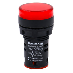 Baomain 16PCS LED Indicator Light Pilot Signal Lamp AC/DC12V 22mm mounting AD16-22DS Red