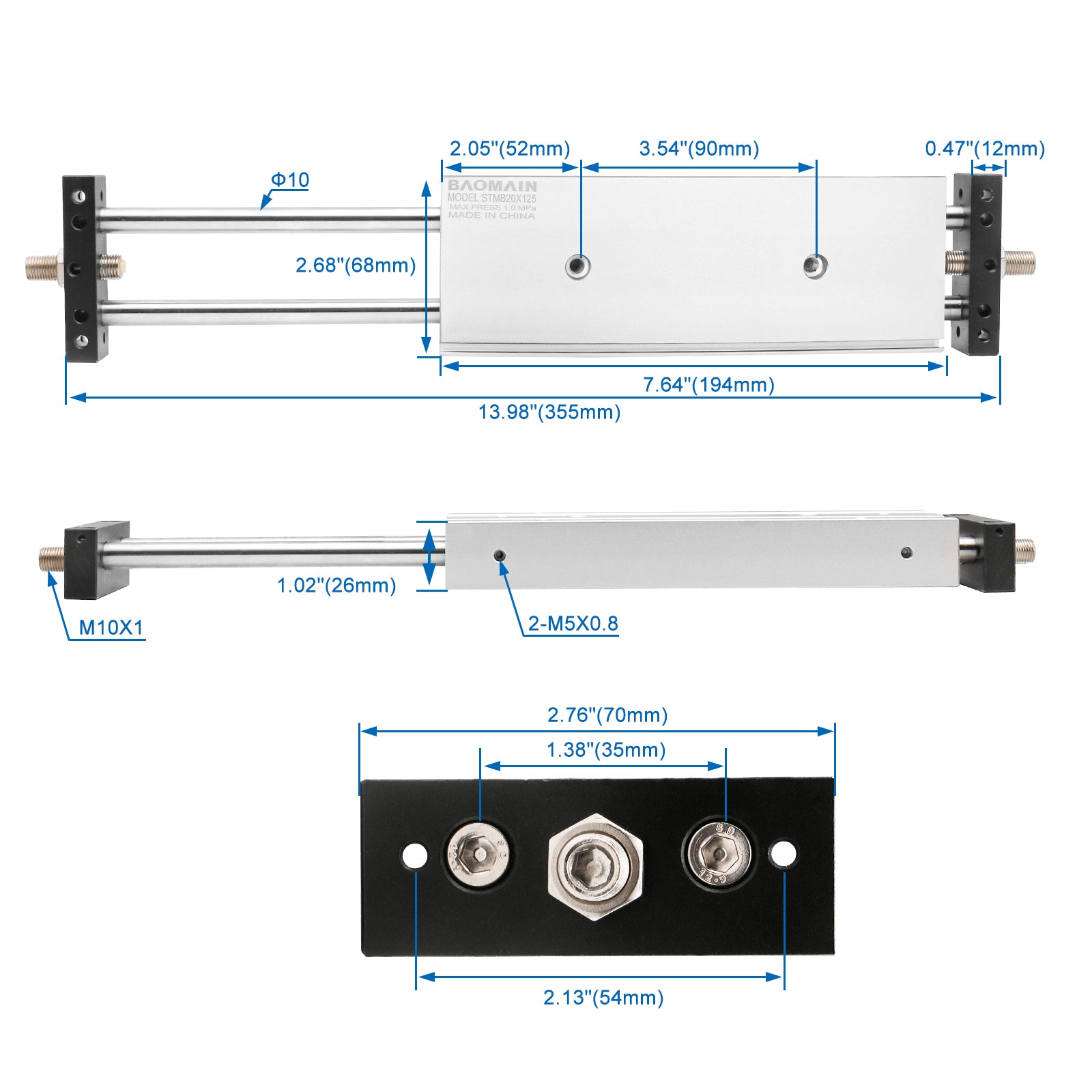 Baomain STMB Series Cylinder Double Axis Double Rod With Cushion Shock Absorber 20mm Bore Double Acting Slide Table