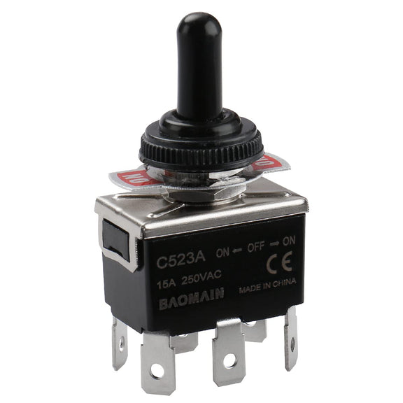 Qtqgoitem DPDT ON/OFF/ON Toggle Switch – 6 Terminal Lock Type, AC 250V 15A, Red/Black, 11mm Thread