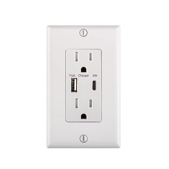 Baomain USB Power Delivery Wall Outlet,QC3.0 PD20W Type A&Type C,15Amp Tamper Resistant Receptacle Plug,Wall Plate Included, ETL Listed,White