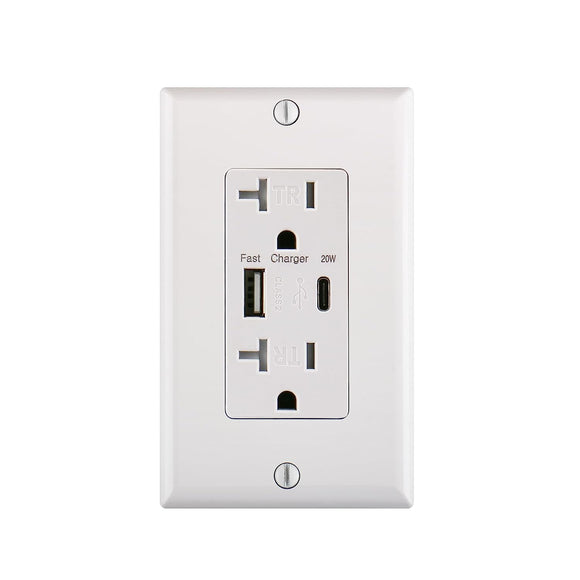 Baomain QC3.0 PD3.0 USB Outlet 20W, 20Amp Tamper Resistant Receptacle Plug,Charging Power Outlet with USB Type A&Type C,ETL Listed White