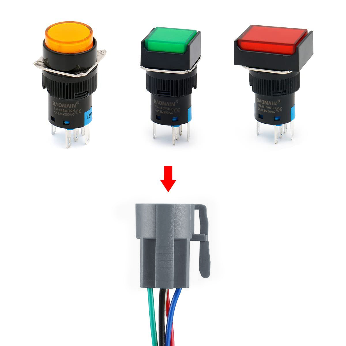 Baomain Wiring Plug with Harness for 5/8" 16mm Push Button Switch 2 NO 2NC ON Off Wire Connectors
