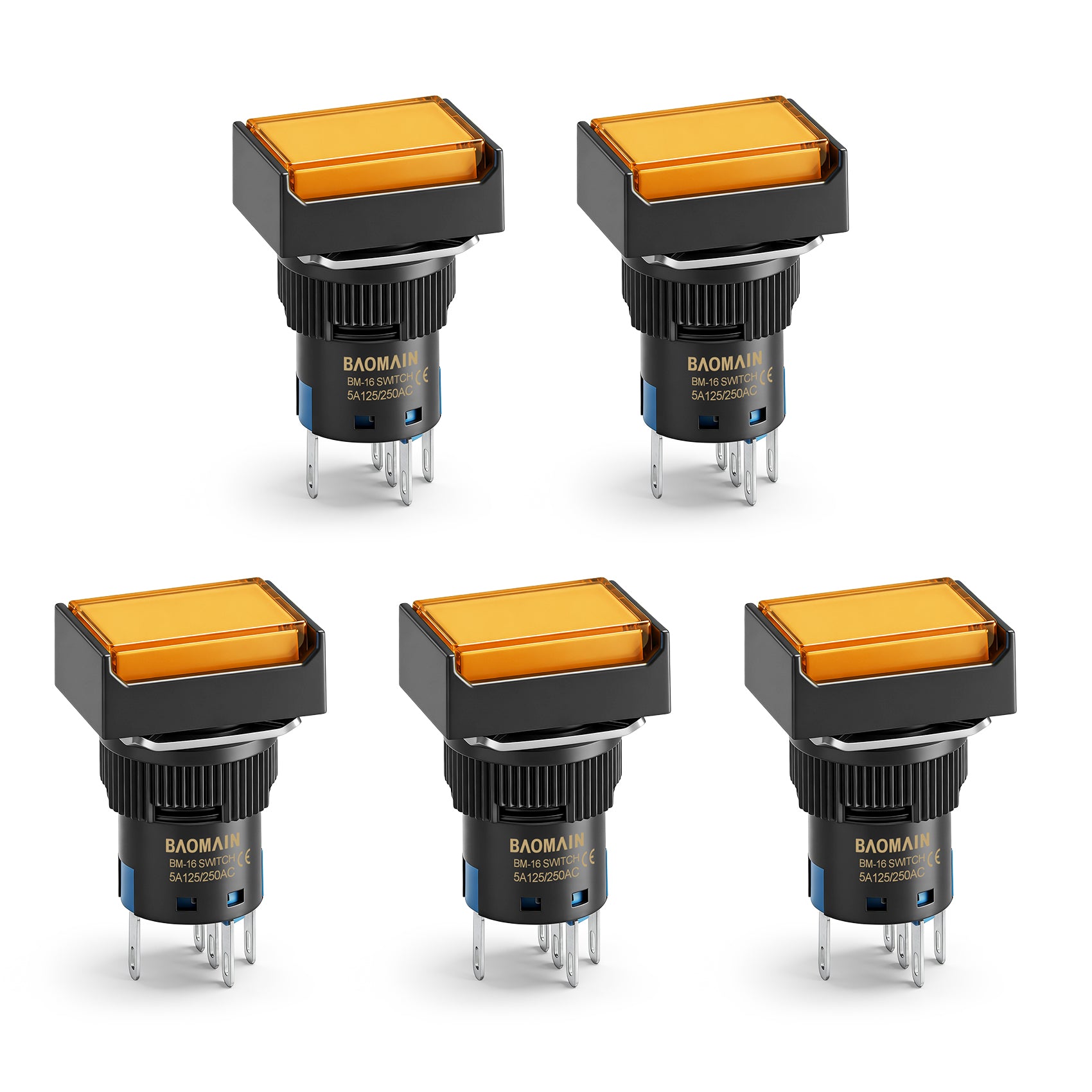 Baomain 16mm Orange Momentary Push Button Switch Rectangular Cap Orange LED Lamp SPDT 5 Pin Pack of 5