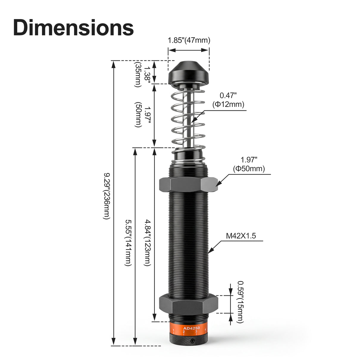 Baomain Adjustable Pneumatic Hydraulic Shock Absorber AD4250 Dia Thread: 42mm (1.65") Stroke: 50mm (2")