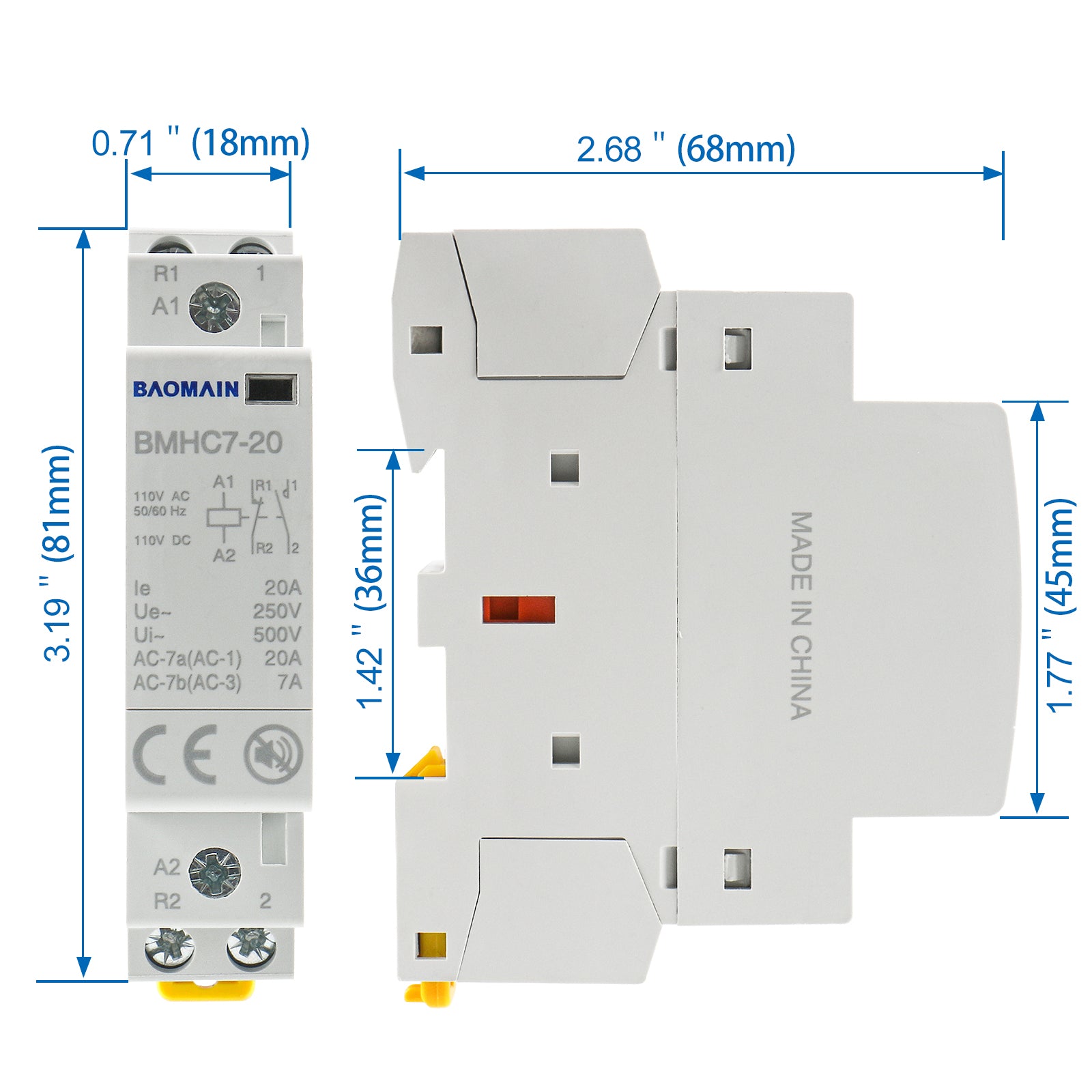 Baomain DC/AC Modular contactor Hum-Free 20A DC/AC/12V/24V/110V/220V 2 Pole Circuit Control 35mm DIN Rail BMHC7-20
