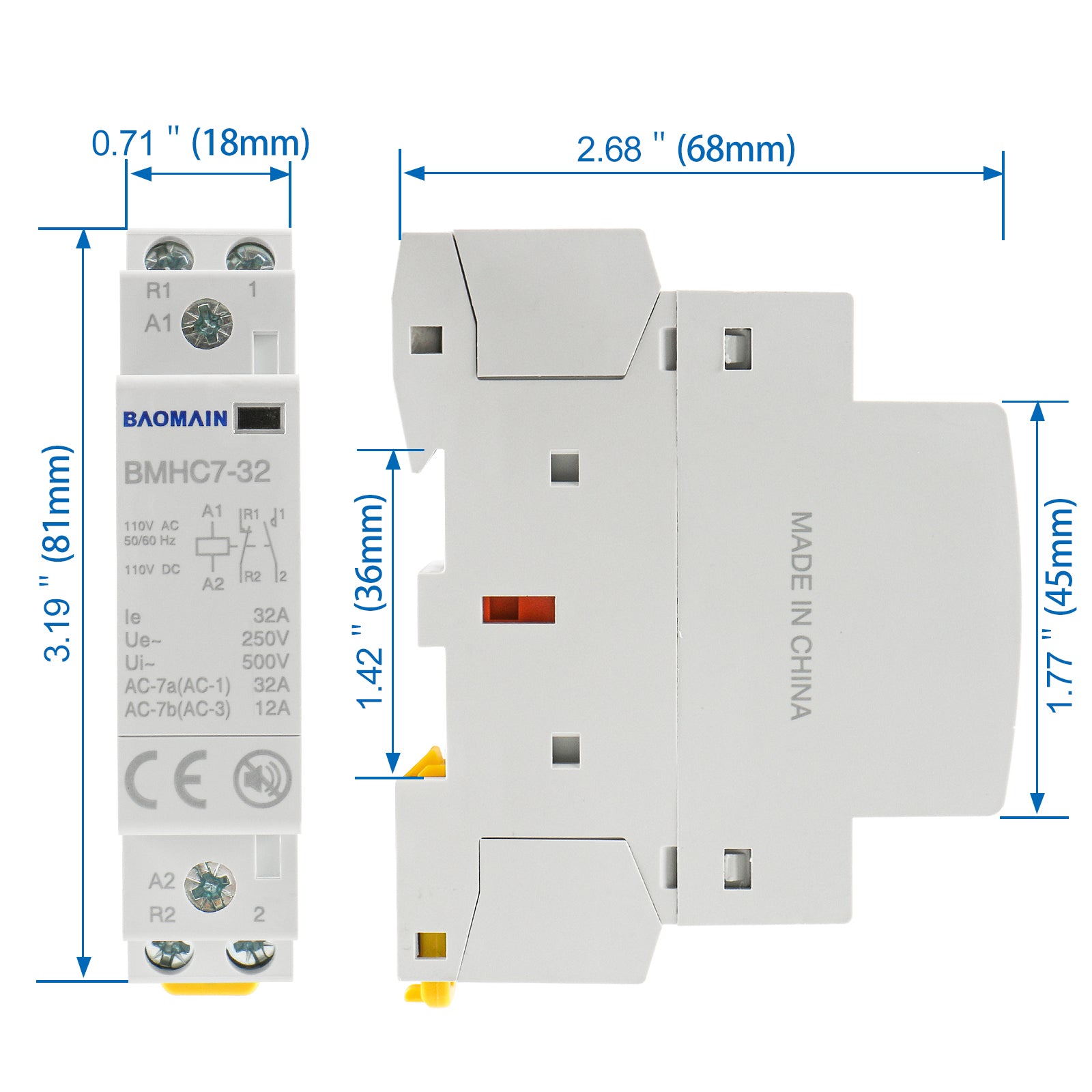 Baomain DC/AC Modular contactor 32A DC/AC12V/24V/110V/220V 2 Pole Circuit Control 35mm DIN Rail BMHC7-32