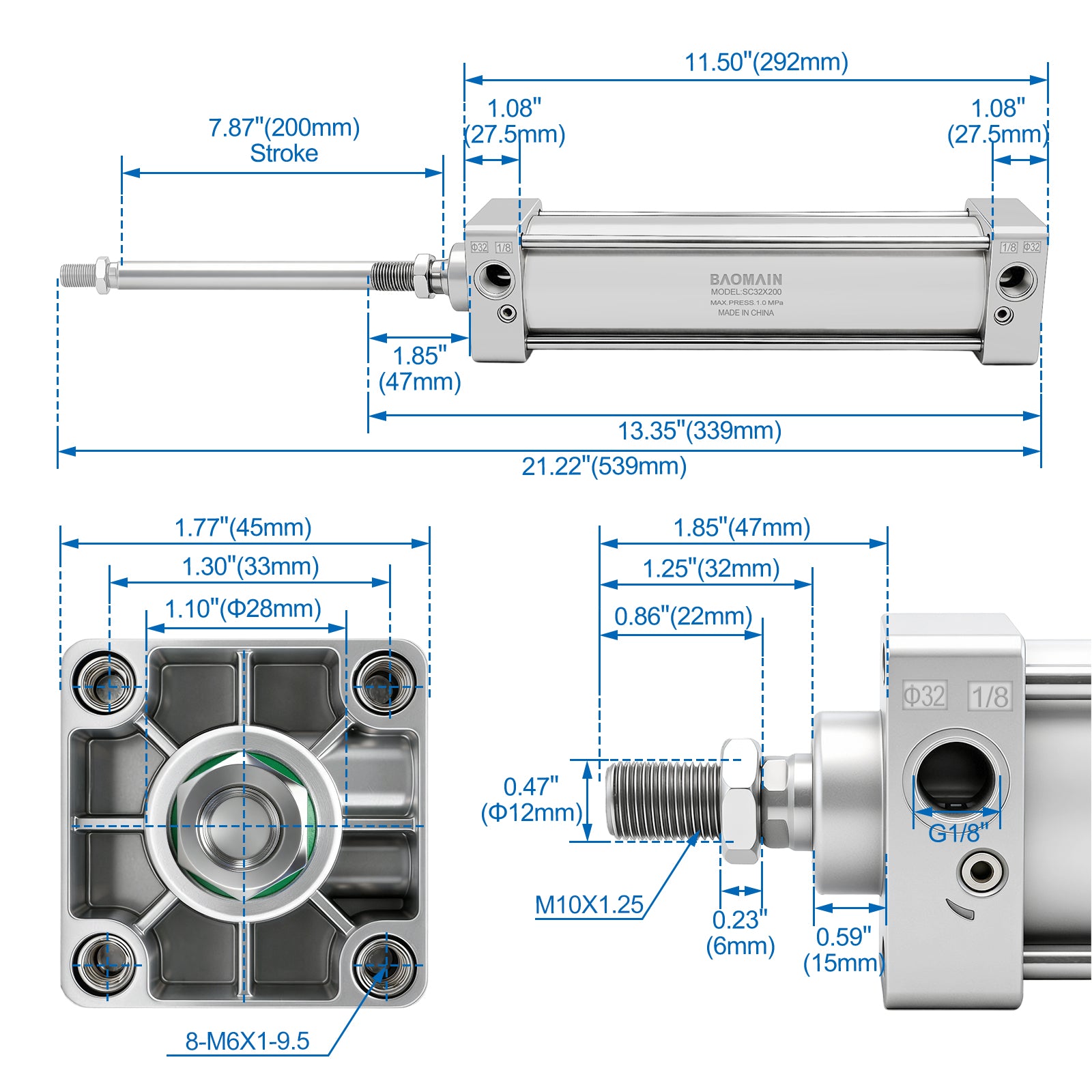 Baomain Pneumatic Air Cylinder SC 32-200 32mm Bore 200mm Stroke Screwed Piston Rod Dual Action