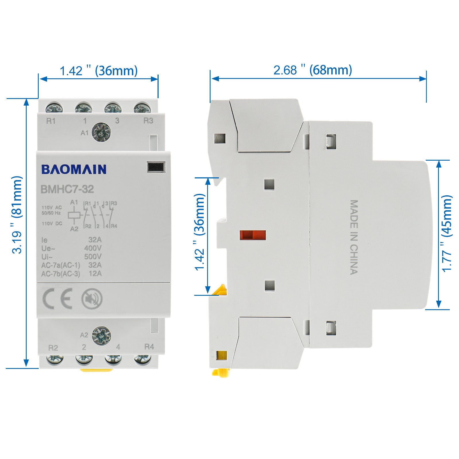 Baomain DC/AC Modular contactor 32A DC/AC12V/24V/110V/220V 4 Pole Circuit Control 35mm DIN Rail BMHC7-32