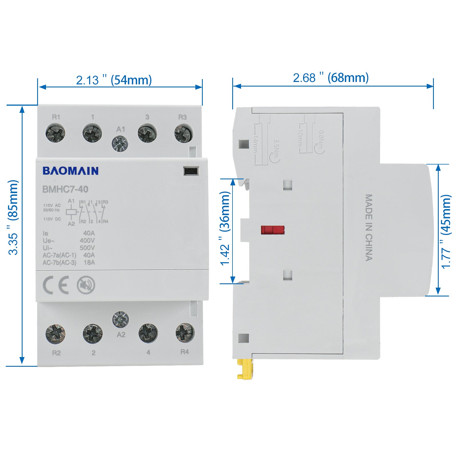 Baomain DC/AC Modular contactor 40A DC/AC12V/24V/110V/220V 4 Pole Circuit Control 35mm DIN Rail BMHC7-40