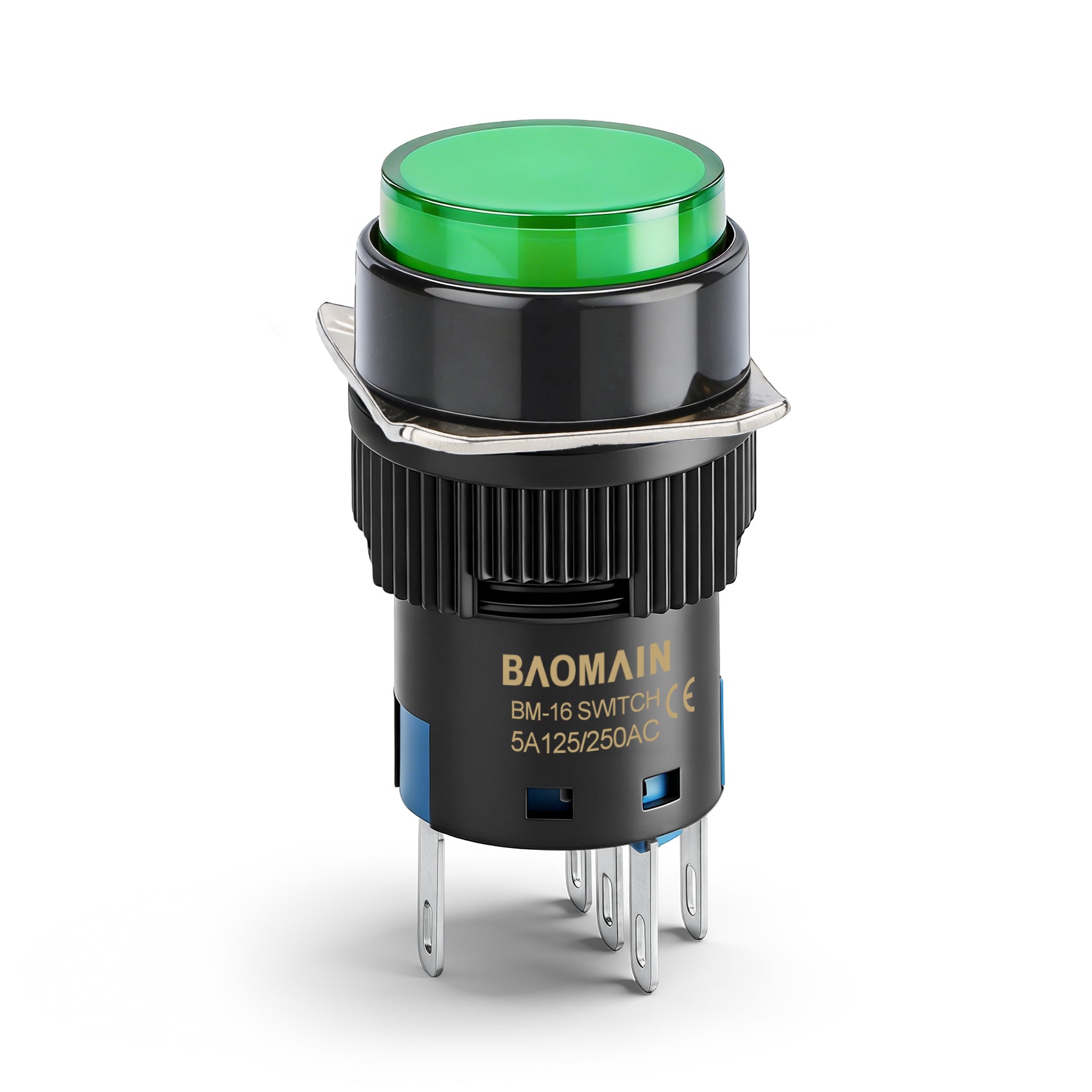 Baomain 16mm Green Latching/Maintained Push Button Switch Round Cap 12V/24V/110V/220V Green LED Lamp SPDT 5 Pin Pack of 5