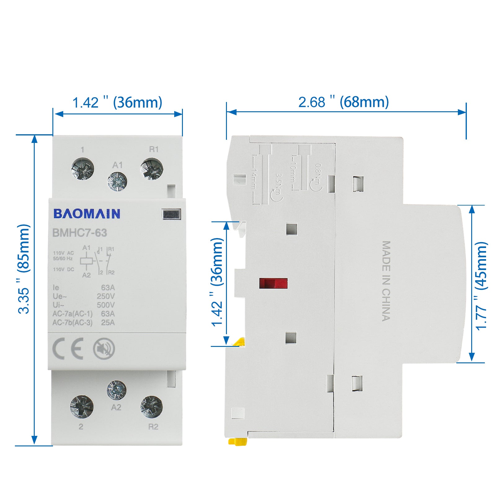 Baomain DC/AC Modular contactor 63A DC/AC12V/24V/110V/220V 2 Pole Circuit Control 35mm DIN Rail BMHC7-63