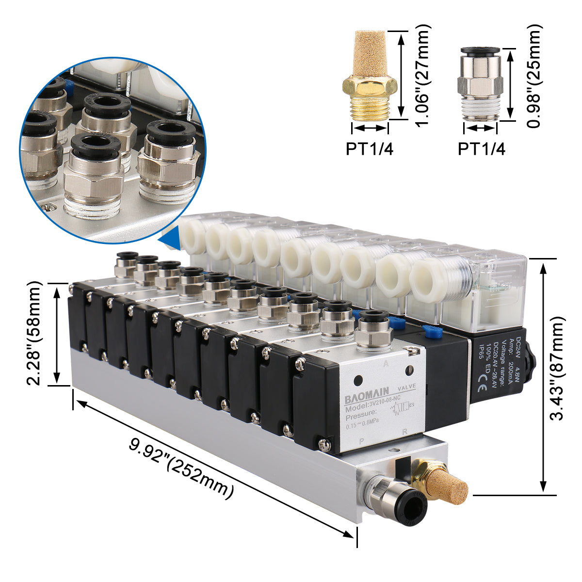 9 Space Pneumatic Solenoid Valve 3V210-08 12V/24V/110V/220V PT1/4