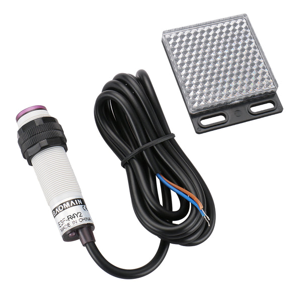 Baomain Photoelectric Sensor E3F-R4Y2 Retroreflective Optical Sensor Switch AC 90-250V NC Sensing Distance 4m with Reflector Panel