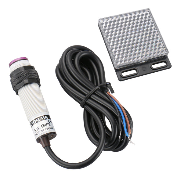 Baomain Photoelectric Sensor E3F-R4P2 Retroreflective Optical Sensor Switch DC 10-30V PNP NC Sensing Distance 4m with Reflector Panel