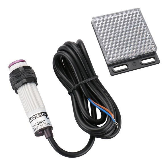 Baomain Photoelectric Sensor E3F-R4Y1 Retroreflective Optical Sensor Switch AC 90-250V NO Sensing Distance 4m with Reflector Panel