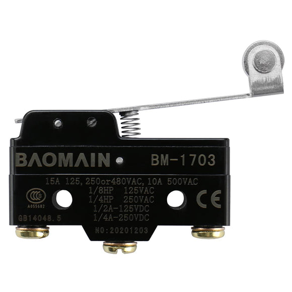 Baomain Micro Switch BM-1703 (TM-1703) Long Hinge Roller Lever AC 380V 15A Screw Terminals