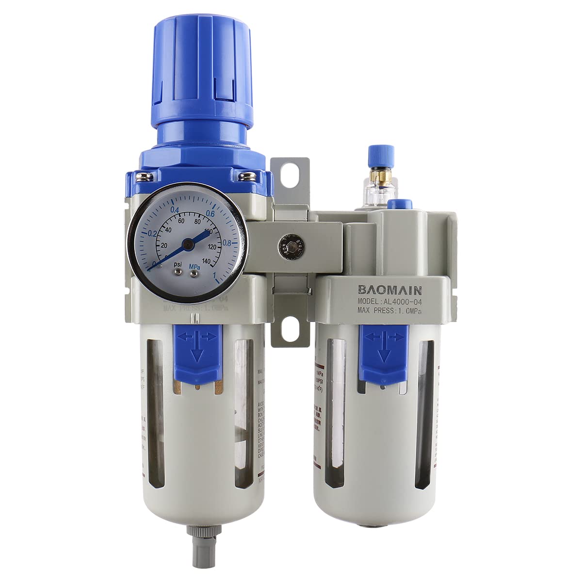 BAOMAIN 1/2 Zoll PT Luftfilter-Druckregler mit Manometer AC4010-04 Manuelle Entleerung Öl-Wasser-Abscheider Luftfilterkombination 0-145 PSI Metallhalterung