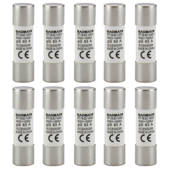 Baomain Fuse Link RT18-63 (RO16 RT14 RT19) 25A/32A/40A/50A/63A Cylindrical Ceramic Tube 14x51mm 500V 100KA CE listed Pack of 10