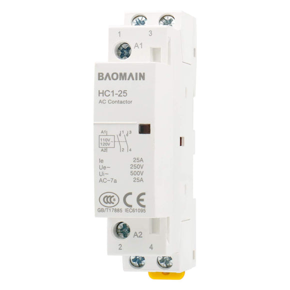 Baomain Universal AC Contactor HC1-25（BCT-25) 110V-120VAC 25A Normally Open 2 Pole 50/60Hz Circuit Control 35mm DIN Rail